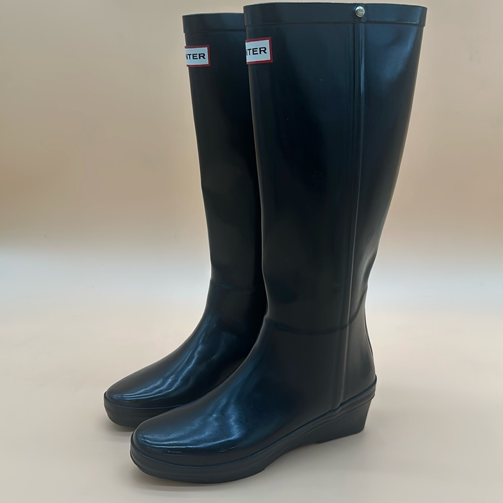 Hunter Womens Size 6 Boots Black Tall Rain Wedge Knee High Pull On Rubber